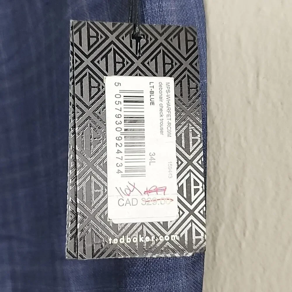 NWT Ted Baker Wharfet Debonair 100% Wool Check Suit Trousers Blue Modern Fit 34L